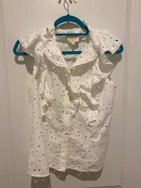 Sezane White Sleeveless Eyelet Ruffle Button-Front Top